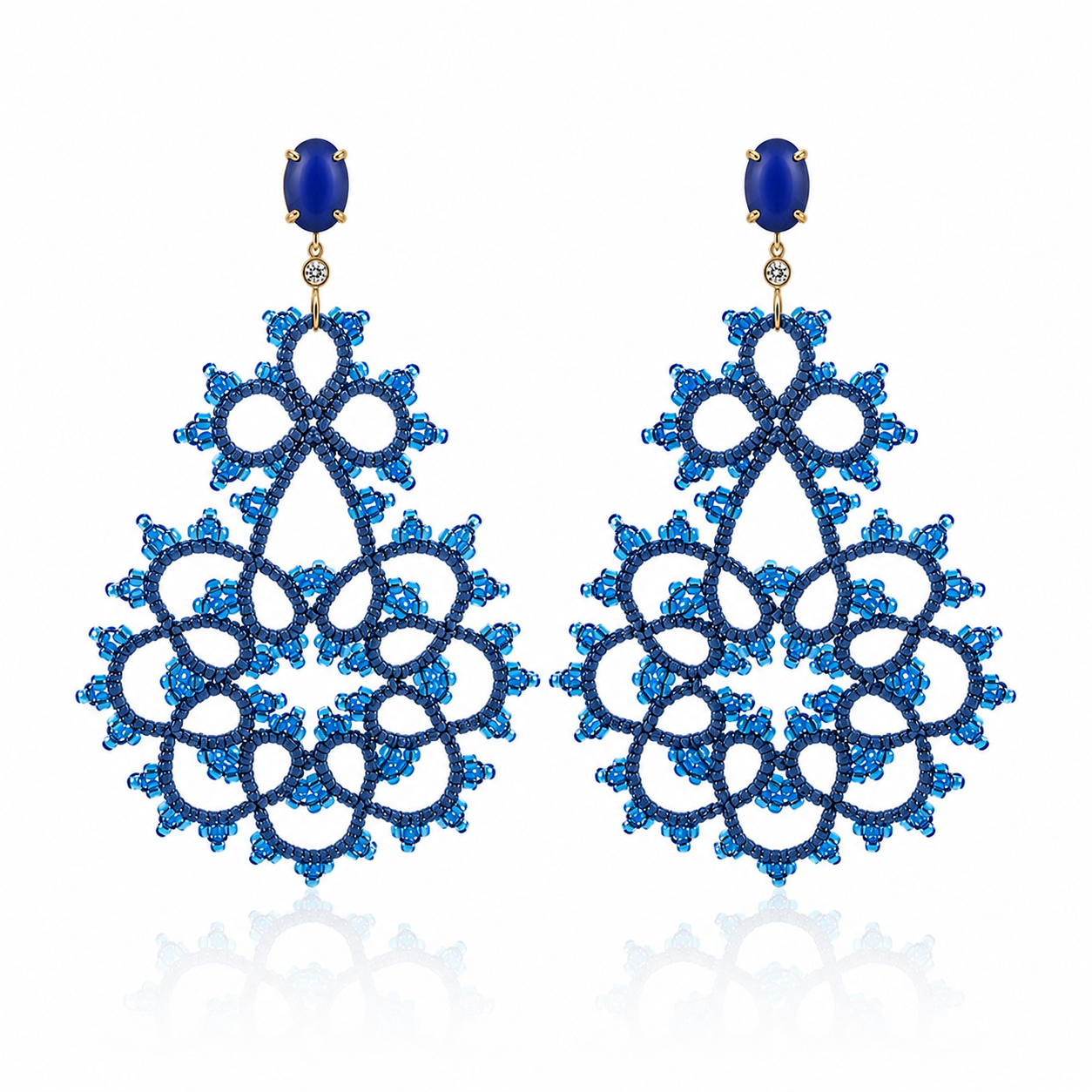 Woven Silk Macrame Earrings with Lapis Lazuli and Diamond accents