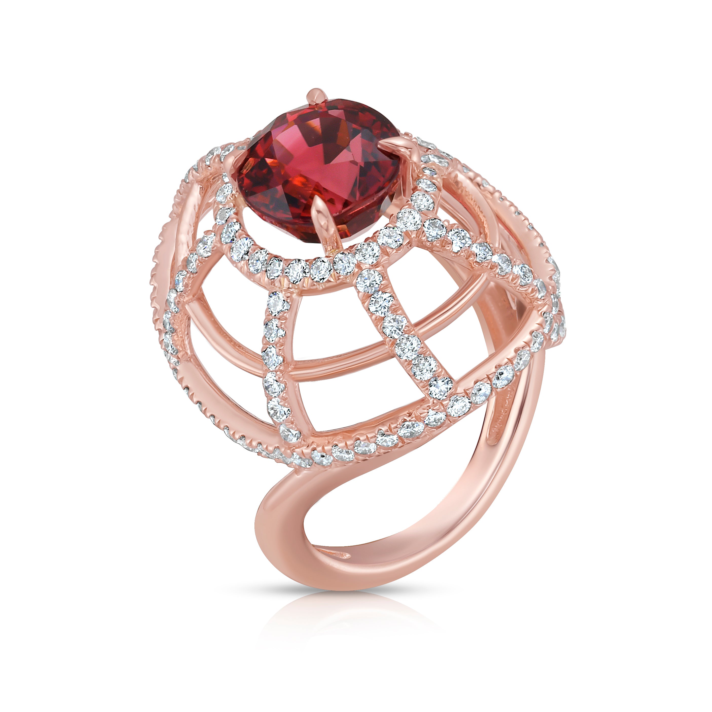 Sculptural Garnet & Diamond Cage Ring