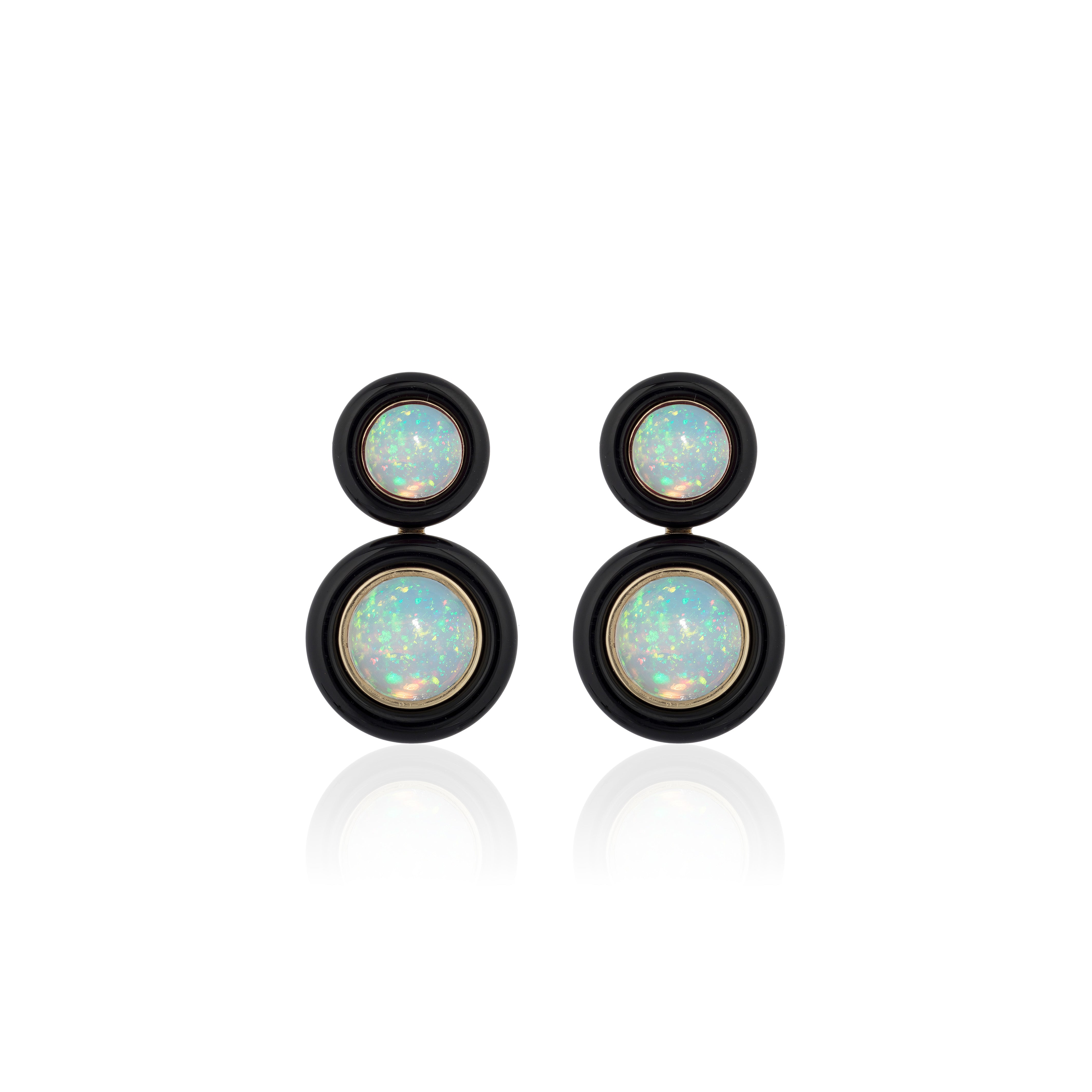 Round Opal Earrings with Onyx ring Surround